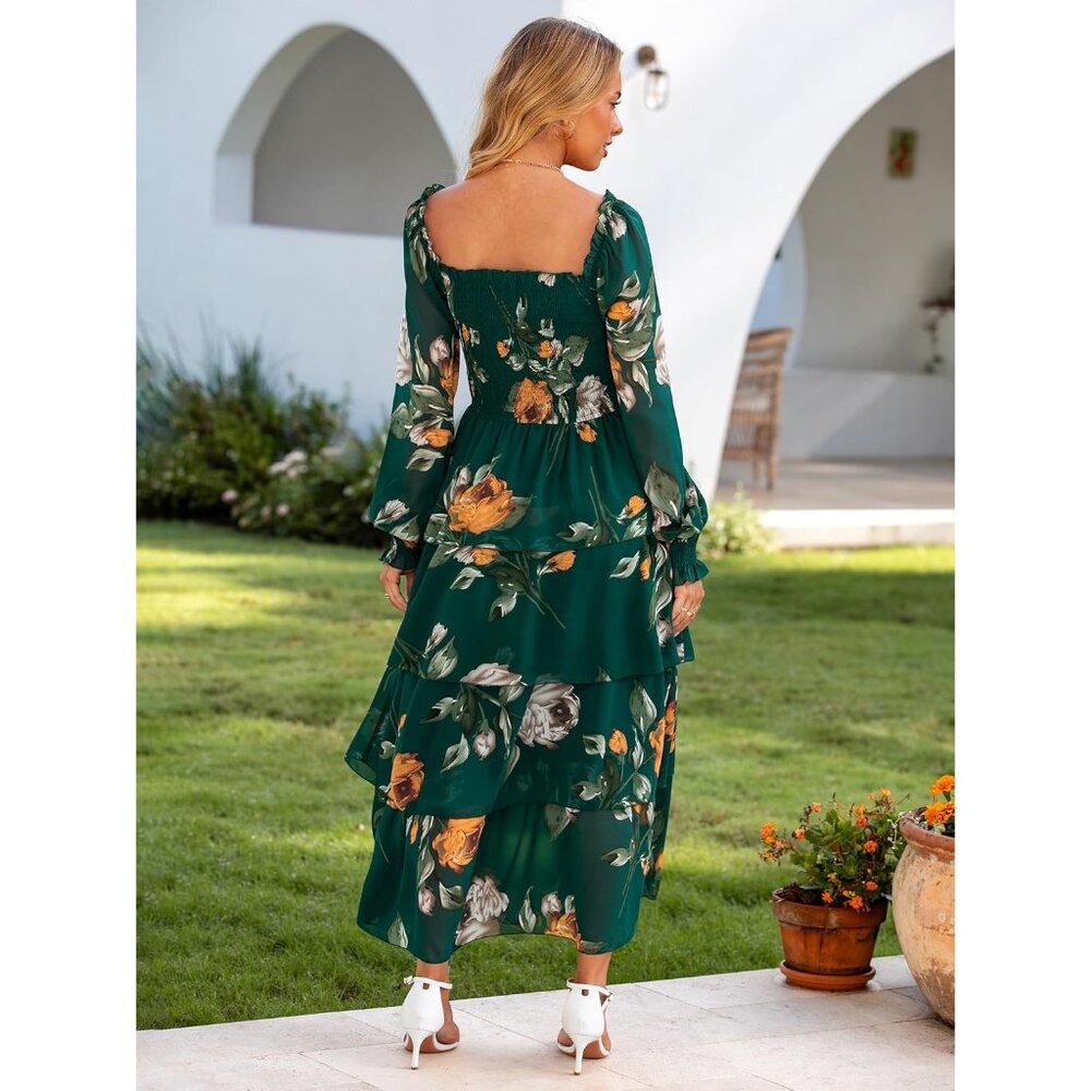 Women's Floral Long Sleeve Maxi Dress Smocked Tiered Square Neck Fall Boho - Picture 5 of 6